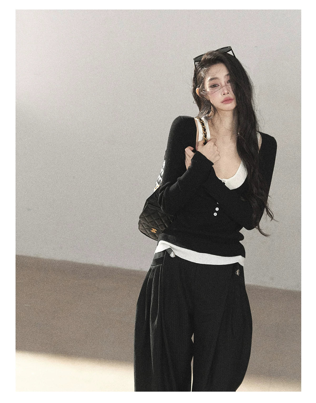AOMALM - Korean U-Neck Faux Layered Knit Top