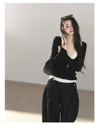 AOMALM - Korean U-Neck Faux Layered Knit Top