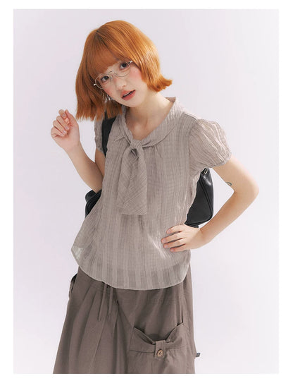 “Formatted Memories” Gray Plaid Textured Bow Tie Puff Sleeve Blouse