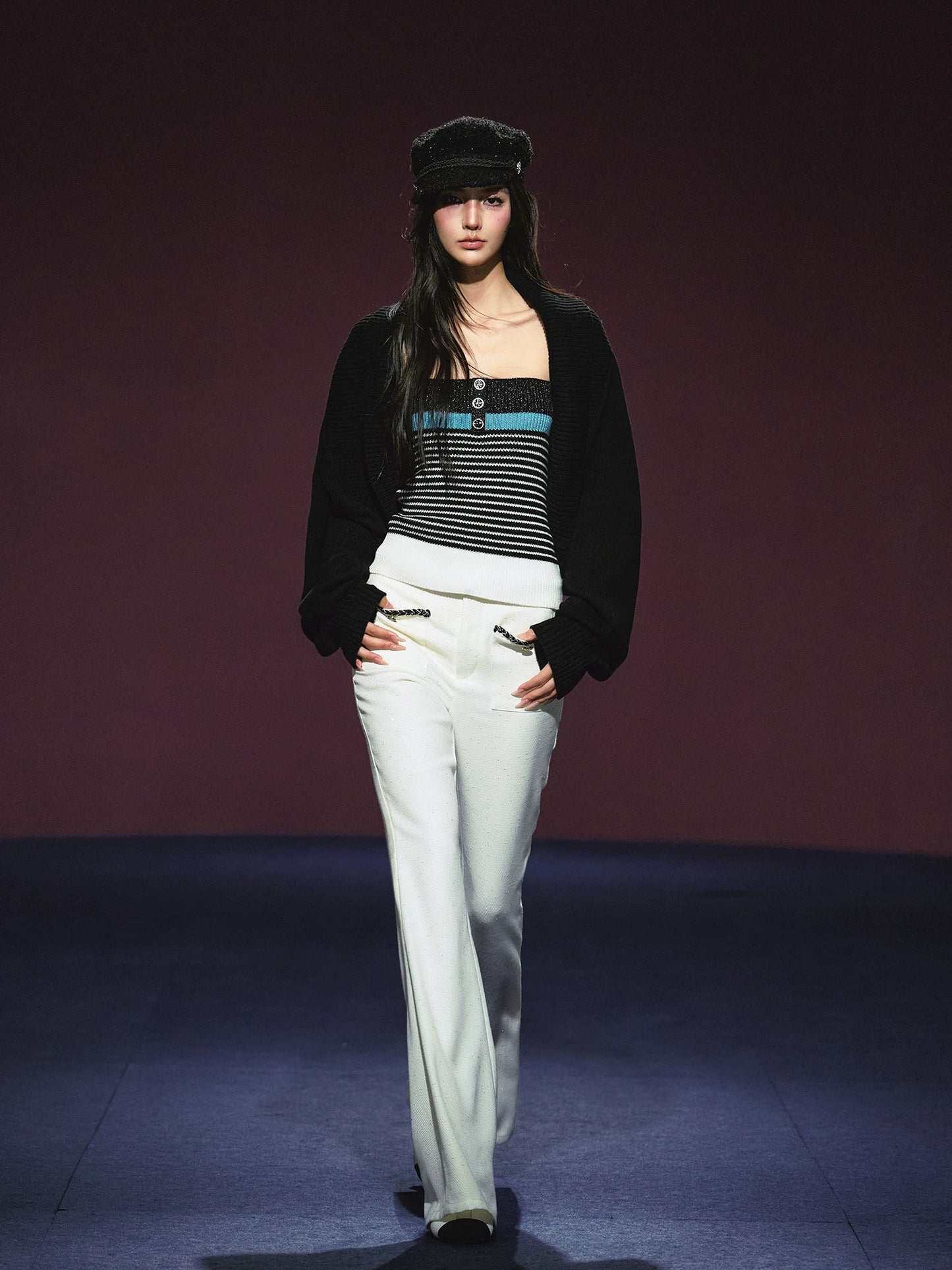 Contrast Tweed-Inspired Knit Cami & Wool Blend Cardigan Set