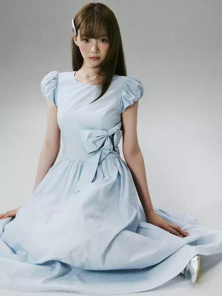 LOST FOREST - Blue Lyocell-Cotton Bow Dress