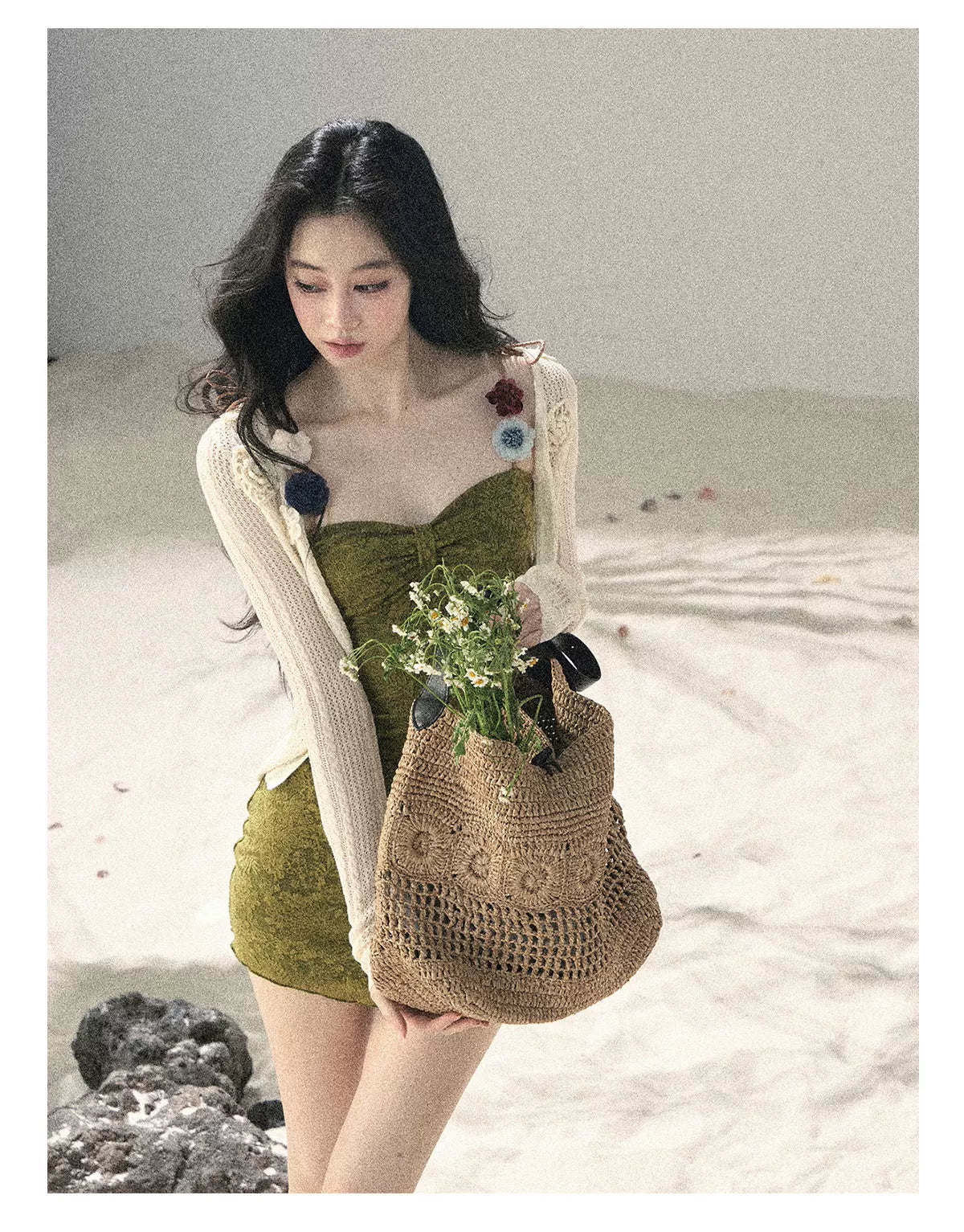 "Entwined Vines" Olive Mist Bodycon Dress & Cardigan Set 543648532