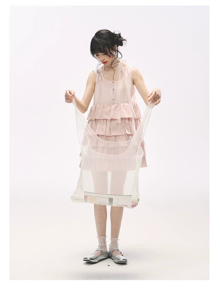 "Misty Pink Reverie" Petal Pink Lace Tie Tiered Sleeveless Dress