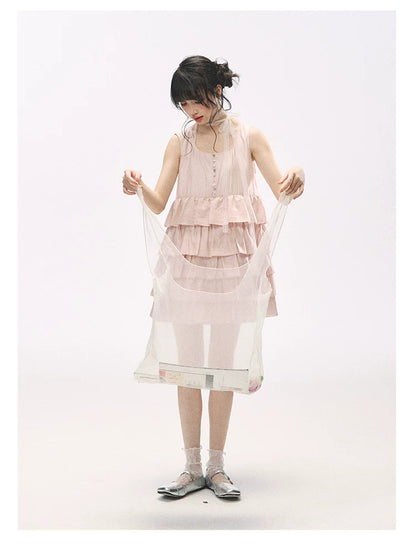 "Misty Pink Reverie" Petal Pink Lace Tie Tiered Sleeveless Dress