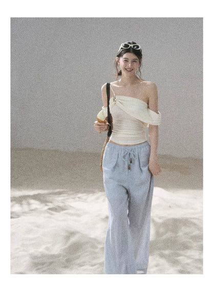 "Follow the Sea Breeze" Lightweight Straight-Leg Wide-Leg Pants (Lotus Pink/ Gray Sage Green/ Gray Blue)