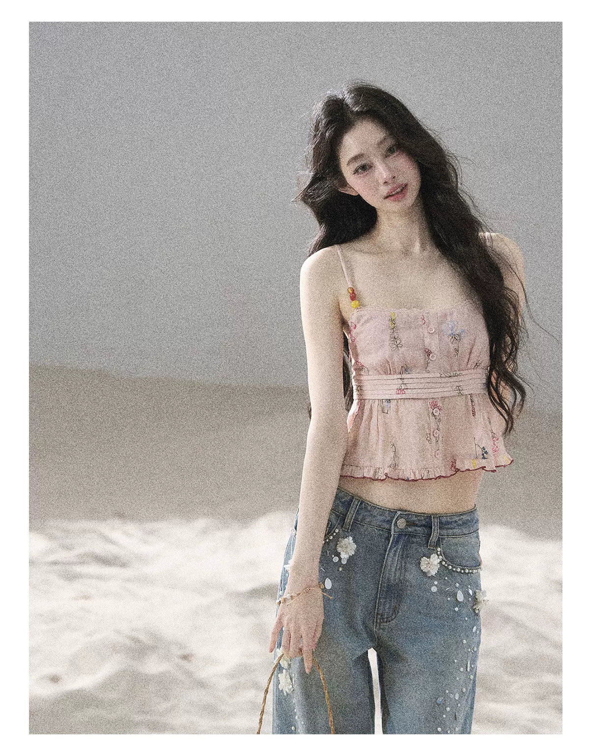 "Starlit Grace" Mist Blue Handmade Floral Wide-Leg Jeans