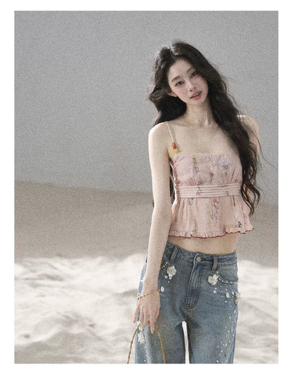 "Starlit Grace" Mist Blue Handmade Floral Wide-Leg Jeans