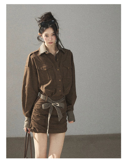 AOMALM - "A Promise Beneath the Oak" Crabapple Brown Plaid Shirt Dress with Belt