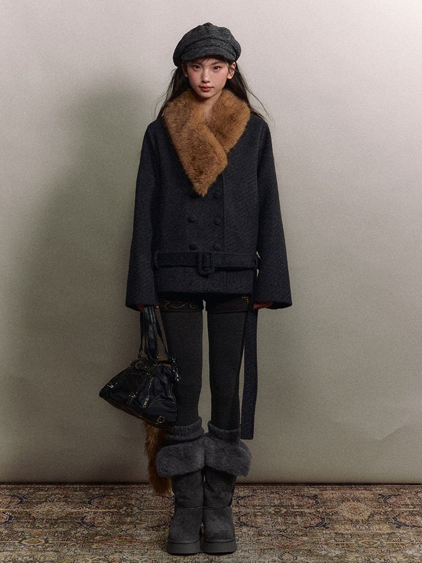 Soote Season - “Retro Twill Grace” Asymmetrical Faux Fur Collar Double-Breasted Wool Coat