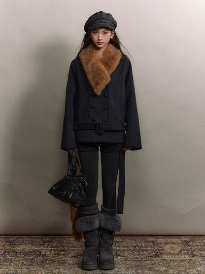 Soote Season - “Retro Twill Grace” Asymmetrical Faux Fur Collar Double-Breasted Wool Coat