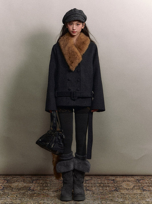 Soote Season - “Retro Twill Grace” Asymmetrical Faux Fur Collar Double-Breasted Wool Coat
