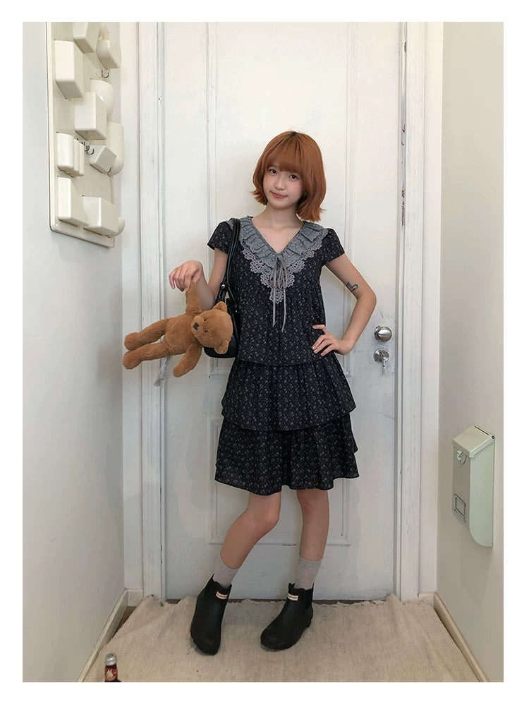 “Midnight Petal” Gray-Black Floral Top & Tiered Dress