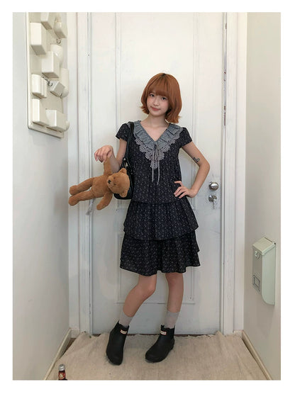 “Midnight Petal” Gray-Black Floral Top & Tiered Dress