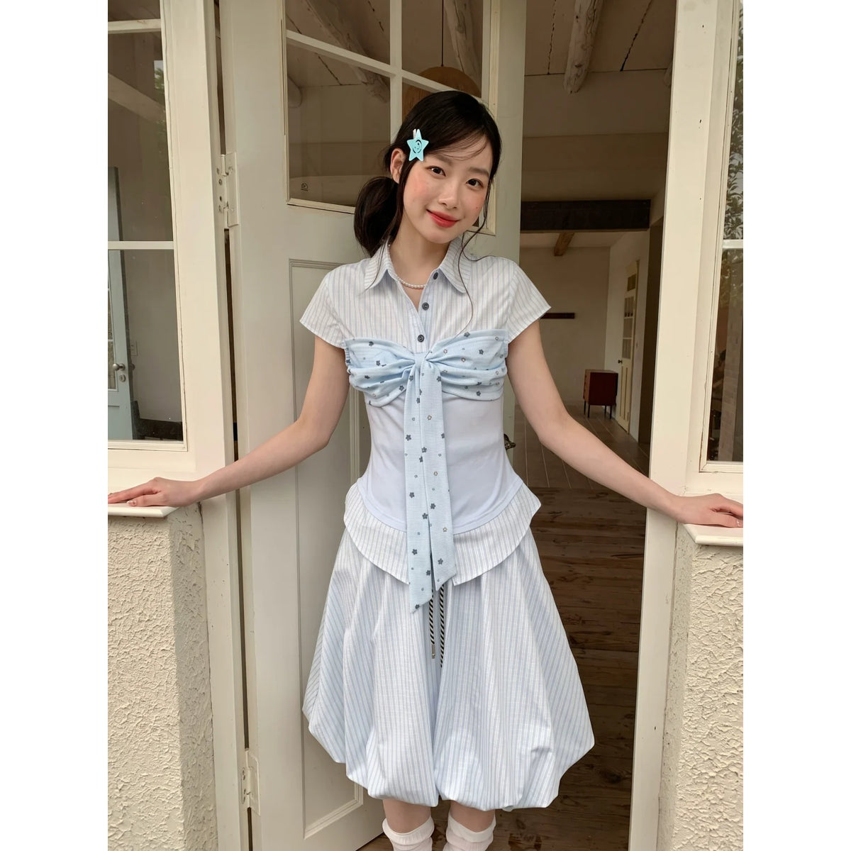 [RF] “Milk Taro Fizz” Soft Purple Striped Blouse & Bloom Skirt Set (Light Blue / Lavender)