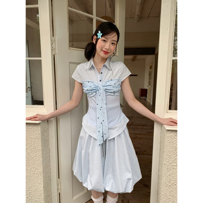 [RF] “Milk Taro Fizz” Soft Purple Striped Blouse & Bloom Skirt Set (Light Blue / Lavender)