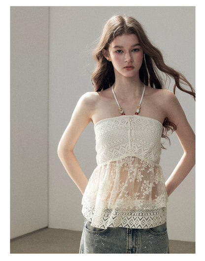 "Where the Waves Meet Her" Creamy Apricot White Lace Halter Sheer Top
