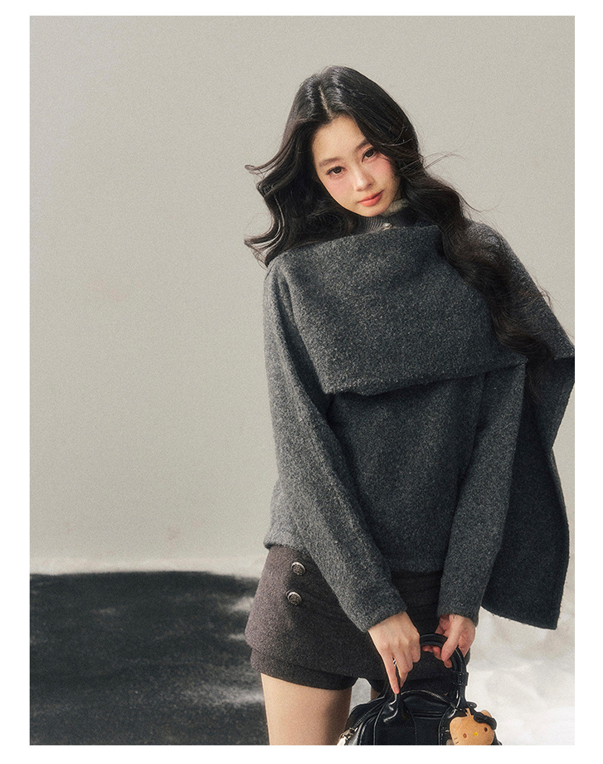 少也眼 "When Clarity Falls" Dusk Gray Layered Shawl Knit Sweater