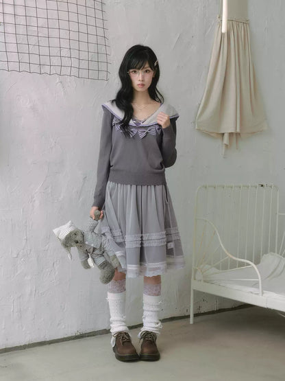 "Sage Whisper" Ethereal Layered Collection (Sailor Knit Sweater / Pleated Midi Skirt / Mesh Overlay Skirt)