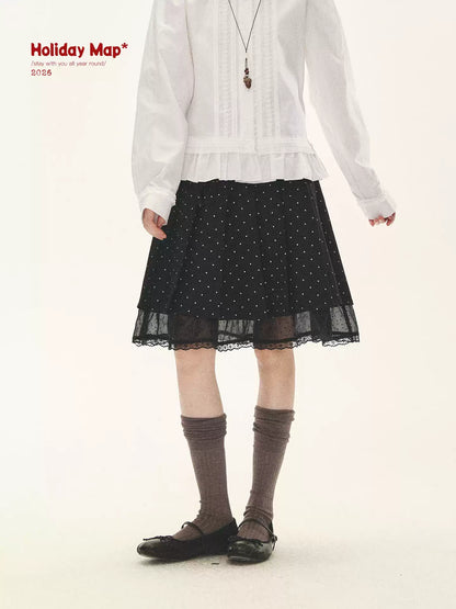 "Polka Reverie" Black Polka Dot Bow Pleated Mini Skirt