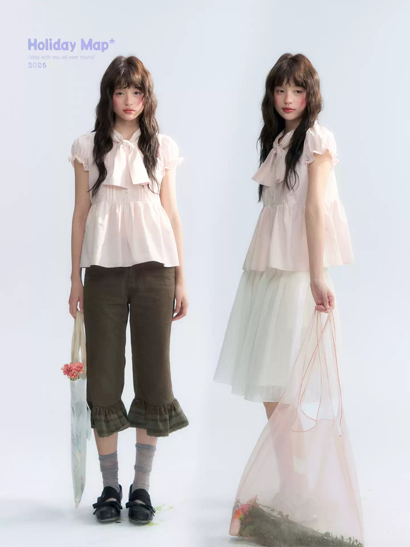 "Rosy Whisper" Dusty Pink Bow Embroidered Puff Sleeve Blouse