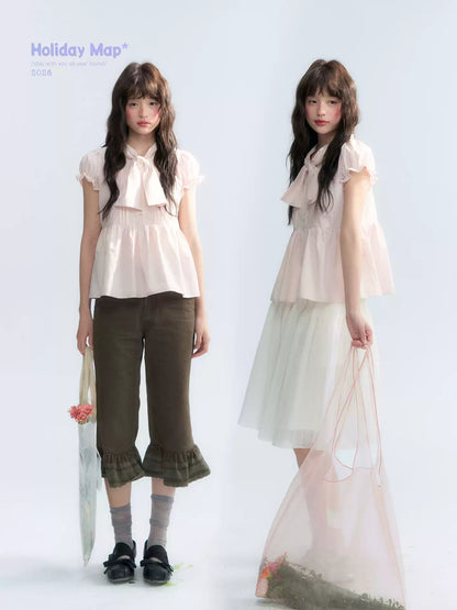 "Rosy Whisper" Dusty Pink Bow Embroidered Puff Sleeve Blouse