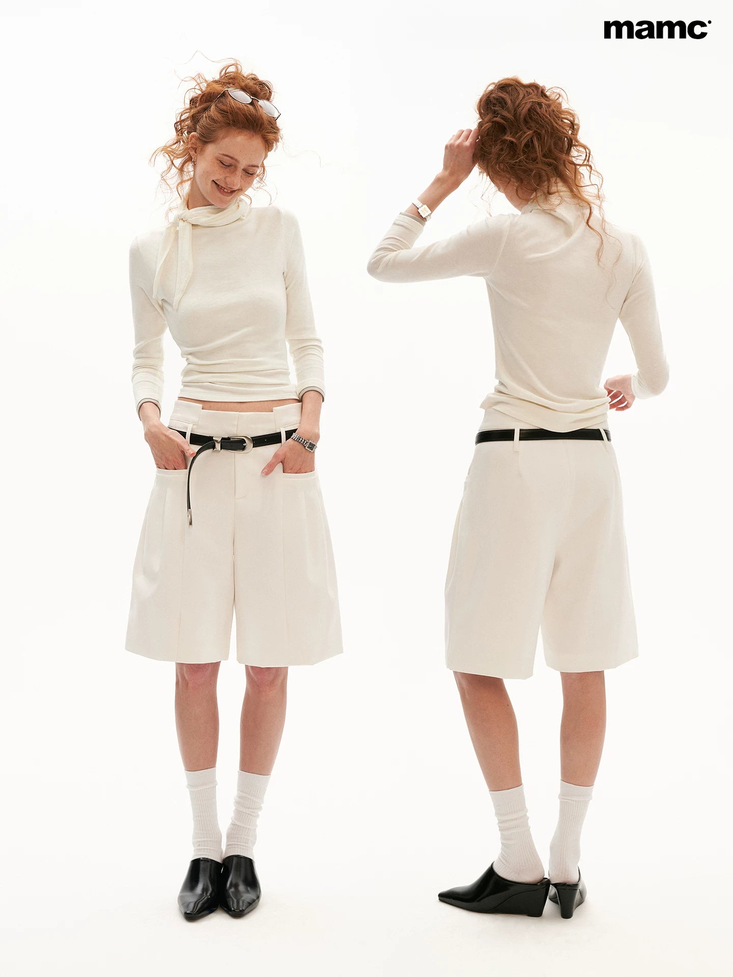 Tailored High-Waist Bermuda Suit Shorts (White / Black)