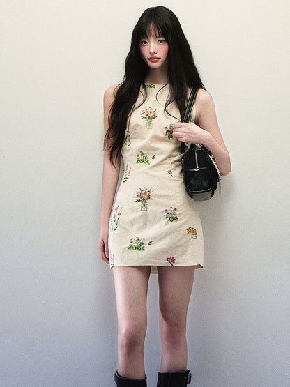1P - “Don’t Know What To Do” Linen Bloom Embroidered Halter Dress