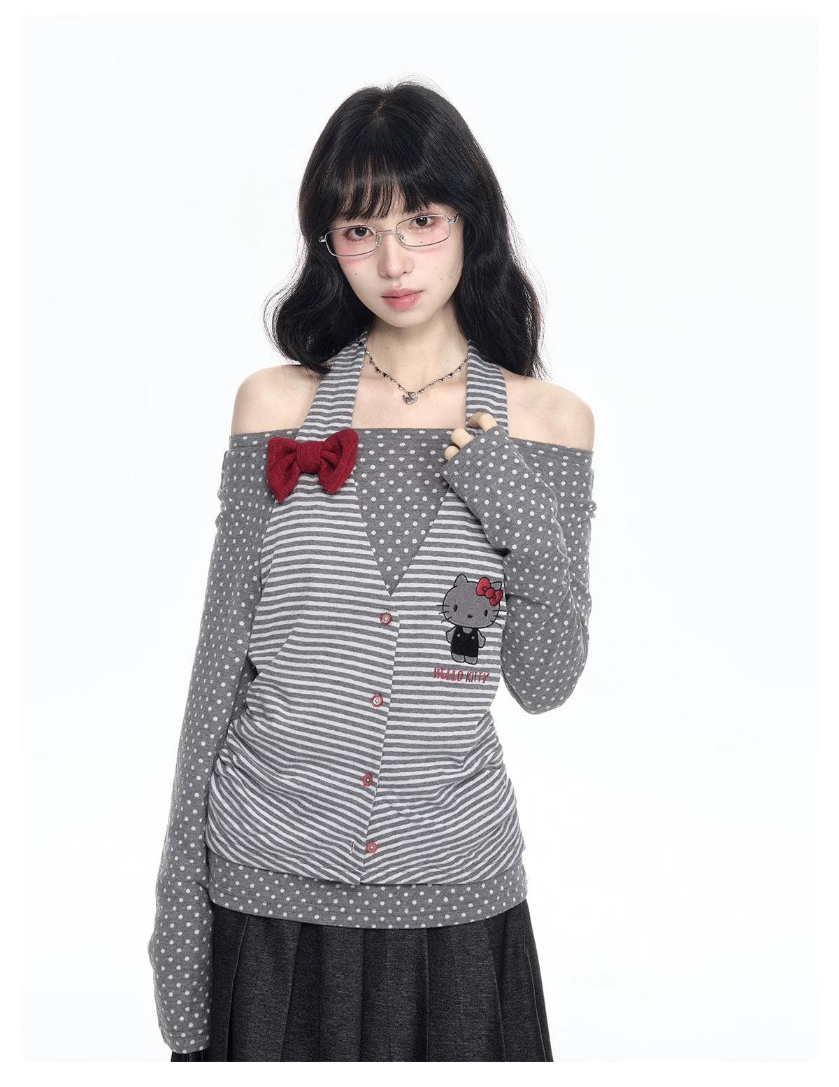 170726K "Midnight Polka" Gray Layered Long Sleeve Collection (Cold Shoulder Top / Fake Two-Piece Skirt Pants)