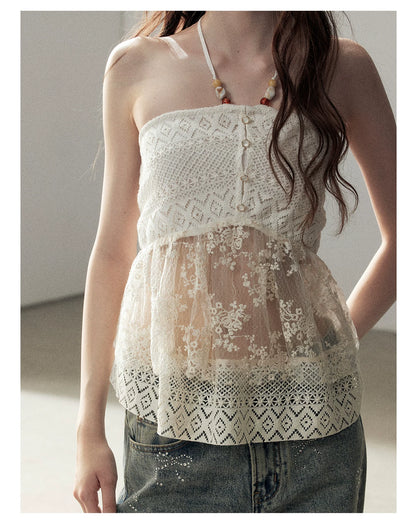 "Where the Waves Meet Her" Creamy Apricot White Lace Halter Sheer Top