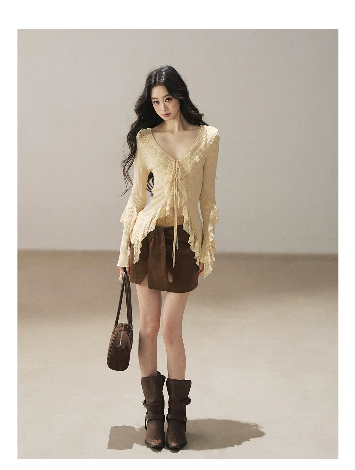 AOMALM - "The Gap of Light" Cheese Yellow Korean Ruffle Lace-Trim Knit Cardigan