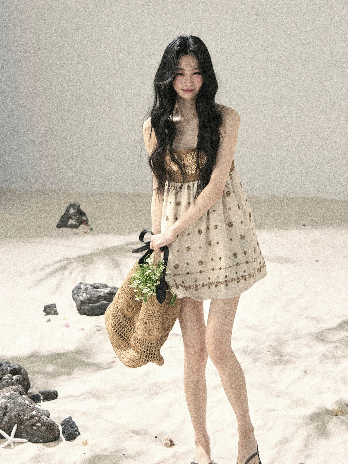 "Whispers Through the Wheat Fields" Oat Beige Floral Cami Babydoll Mini Dress