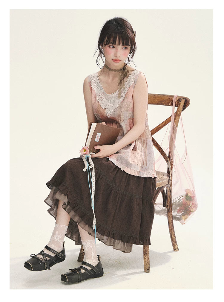 "Fragments of Time" Pink Brown Patchwork Lace Ruffle Trim Sleeveless Top