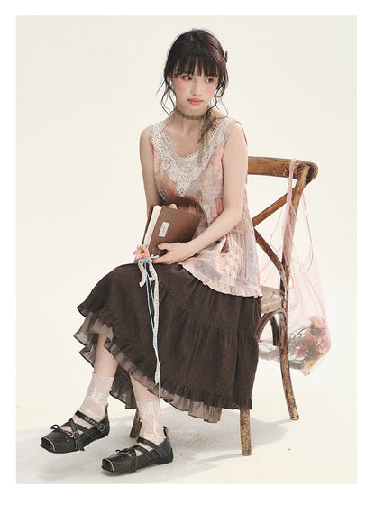 "Fragments of Time" Pink Brown Patchwork Lace Ruffle Trim Sleeveless Top