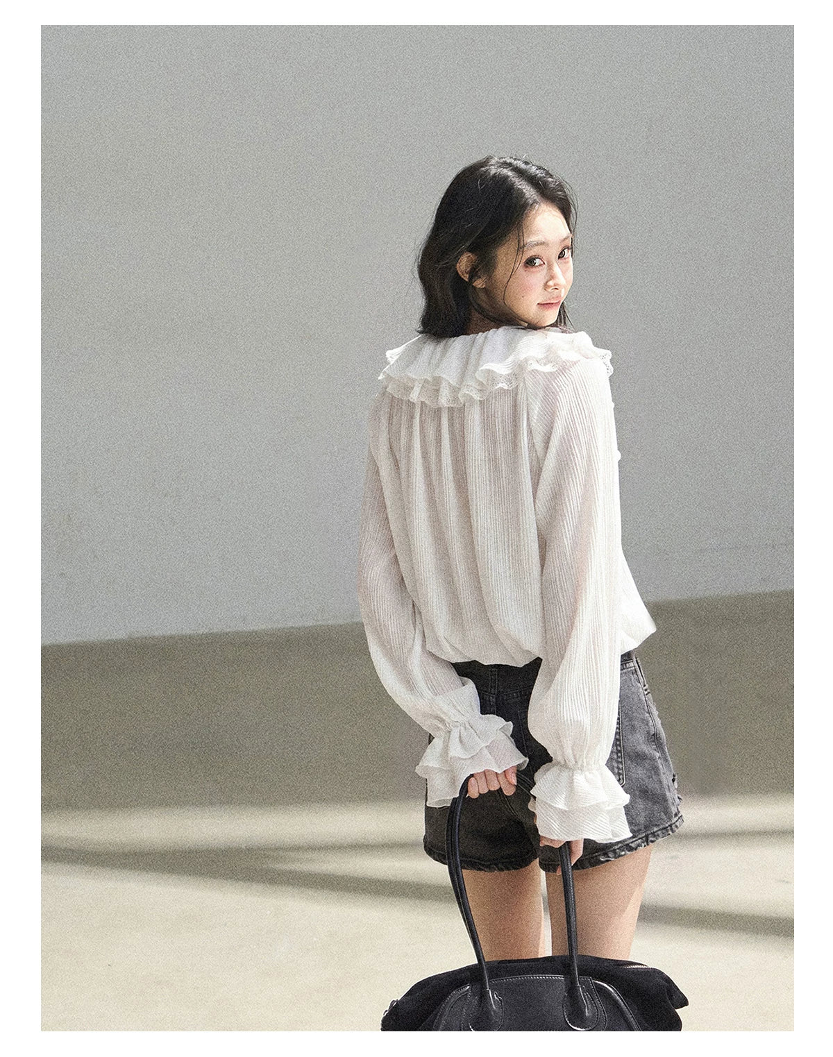 AOMALM - "A Featherlight Touch" French Camellia White Lace Chiffon Top with Belt (Camellia / Oatmeal / Cinnamon Pink)
