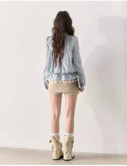 [TMMG] French Vintage Plaid Lace Ruffle Blouse (Blue Plaid)