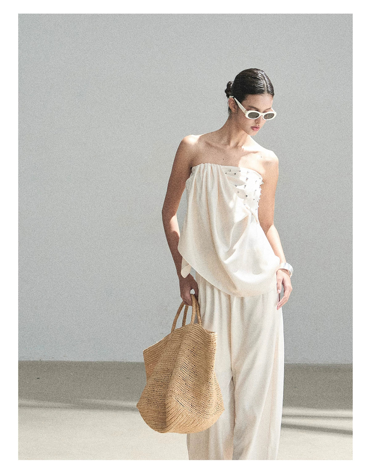 "Summer Rain at Dusk" Cream Beige Satin Two-Piece Set