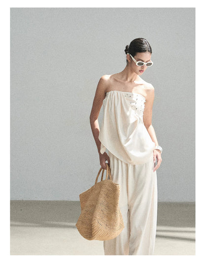 "Summer Rain at Dusk" Cream Beige Satin Two-Piece Set
