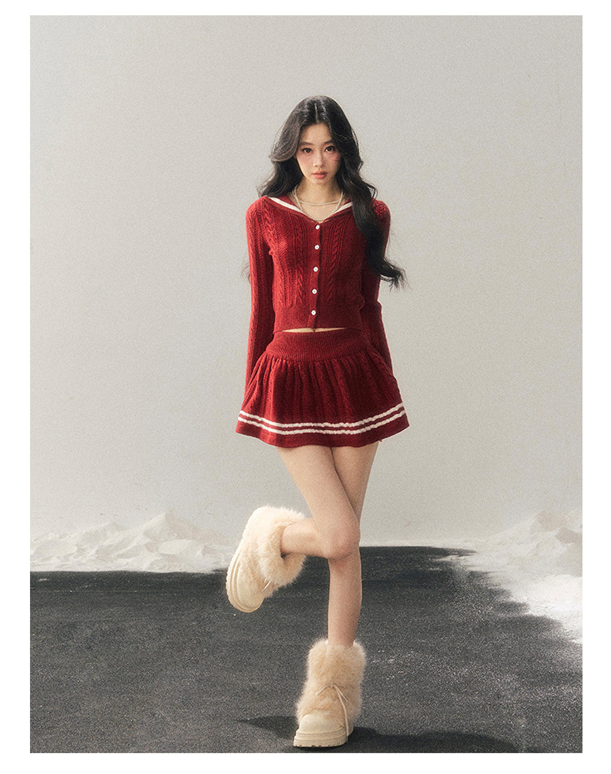 少也眼 "Whispers of the Evening Breeze" Collegiate Red Knit Two-Piece Set