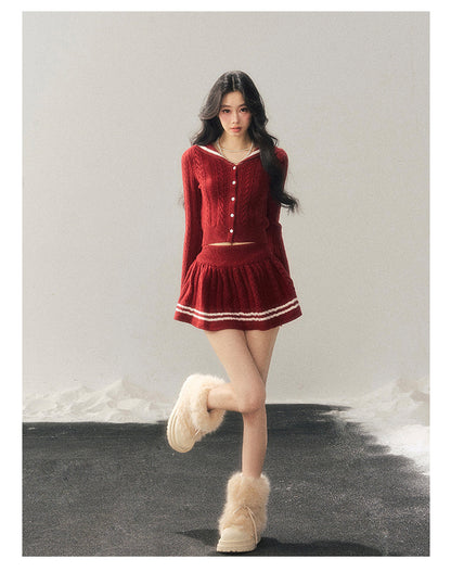 少也眼 "Whispers of the Evening Breeze" Collegiate Red Knit Two-Piece Set