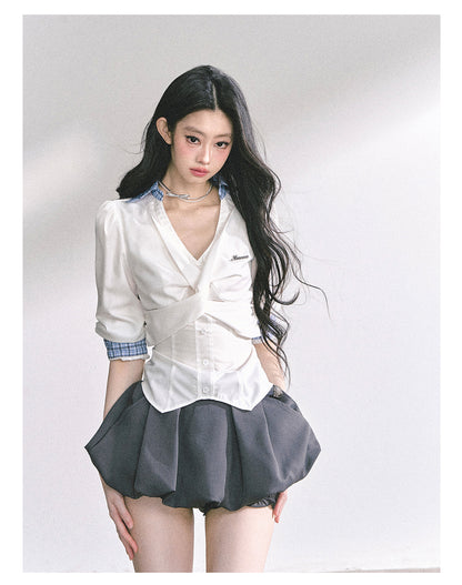 少也眼 "Siren Trainee" French-Inspired V-Neck Summer Blouse