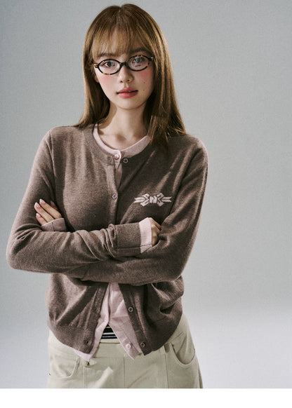 LOST FOREST - Brown Pink Bow Layered Cardigan