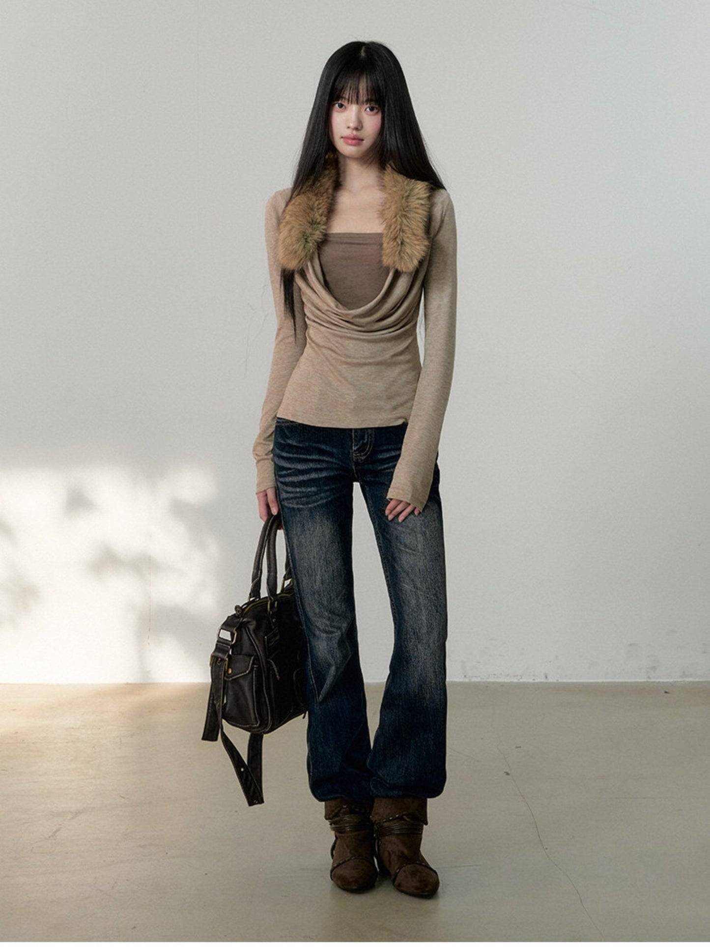 Soote Season - Oatmeal Faux Two-Piece Draped Fur-Collar Knit Base Top
