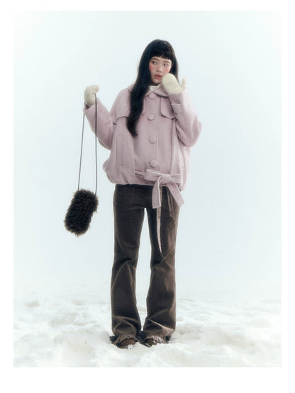Short Cocoon Wool-Blend Coat (Taro Purple / Oatmeal Gray)