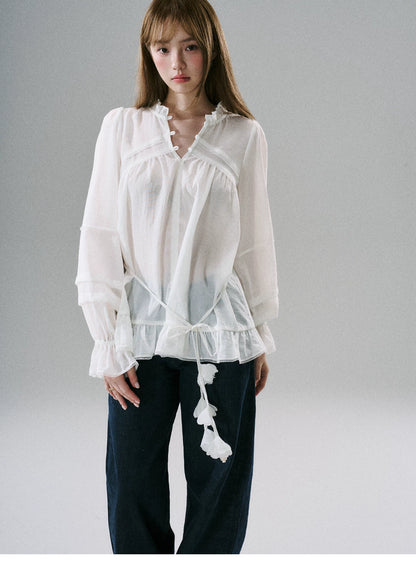 LOST FOREST - Acetate Flower Belt Detail Relaxed Top (White / Blue)