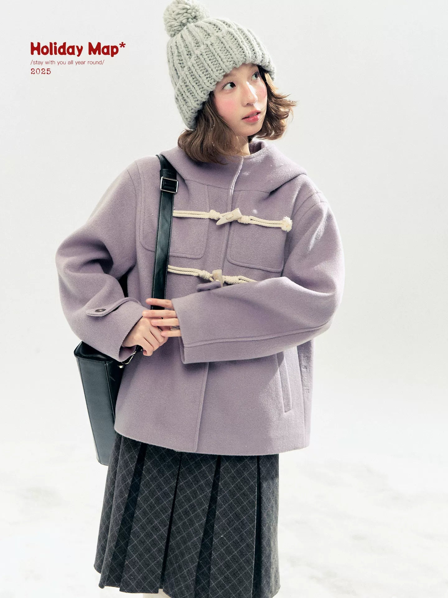 "Velvet Snowfall" Purple Mist Hooded Quilted Wool-Touch Duffle Coat