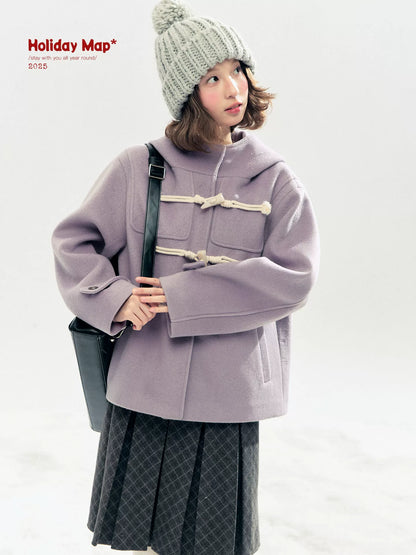 "Velvet Snowfall" Purple Mist Hooded Quilted Wool-Touch Duffle Coat