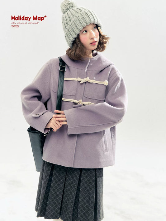 "Velvet Snowfall" Purple Mist Hooded Quilted Wool-Touch Duffle Coat