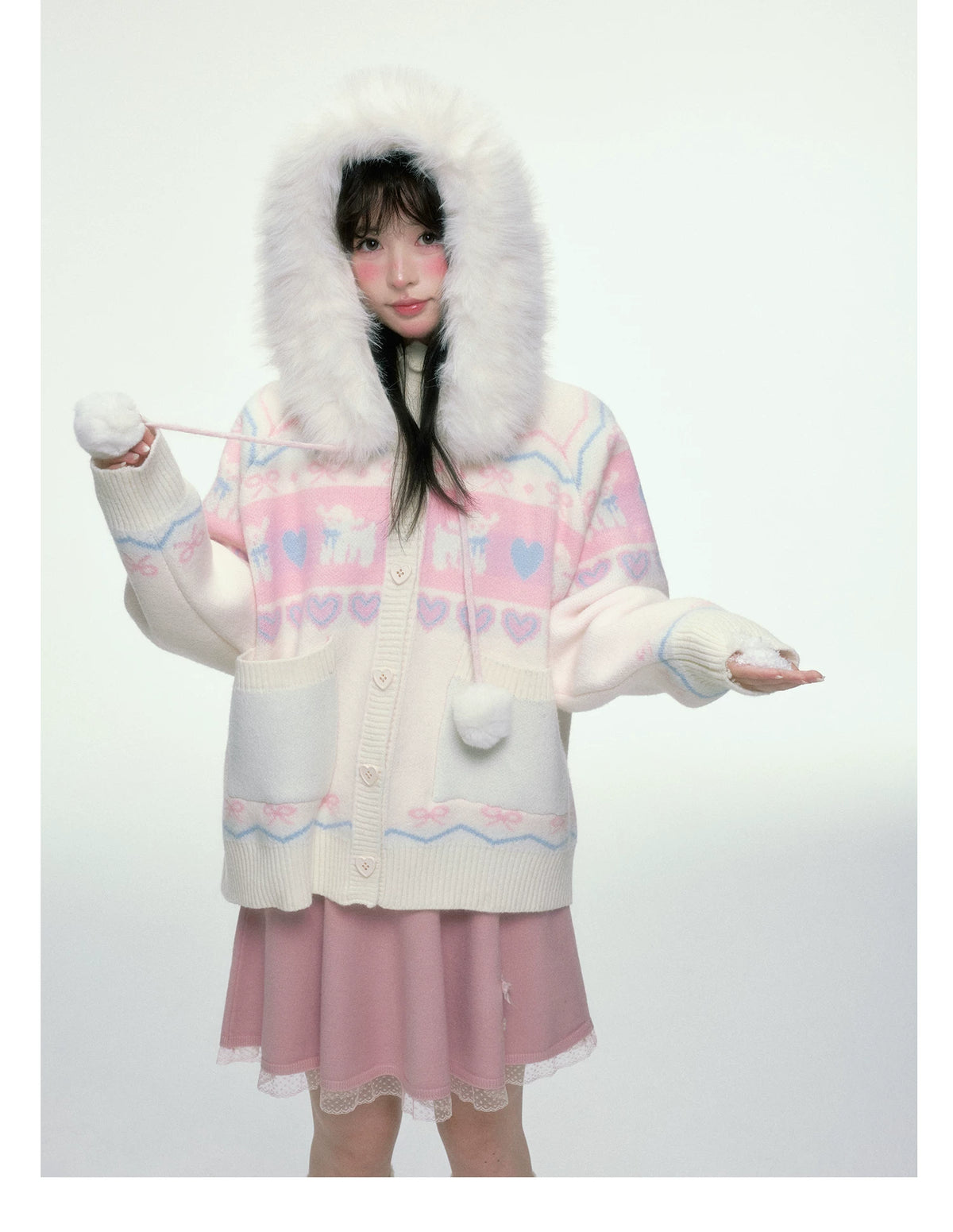 BIBIBENCY - Pink and White Hooded Knit Cardigan with Faux Fur Trim