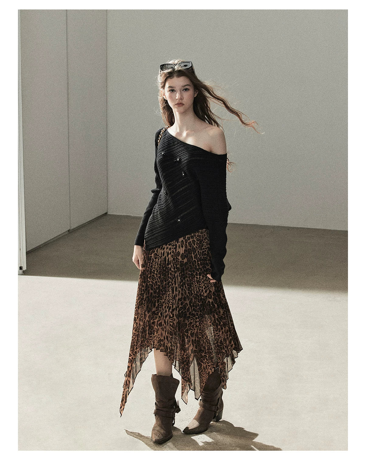 AOMALM - “Cocoa Leopard” Pleated Asymmetric Midi Skirt