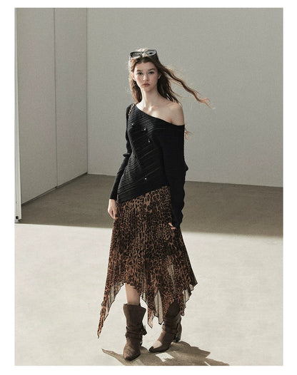 AOMALM - “Cocoa Leopard” Pleated Asymmetric Midi Skirt